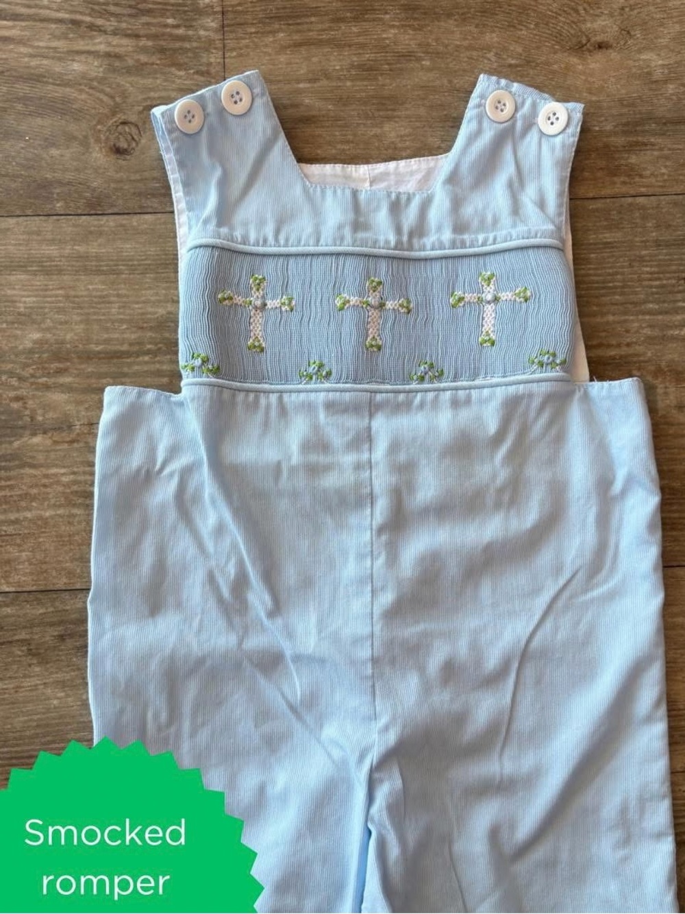 Smocked Pale Blue Button Romper with White Trim